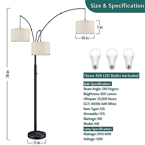 Arc Floor Lamps for Living Room, 3-Light Dimmable Tall Standing Floor Lamp with Adjustable Hanging Beige Shades, Modern Mid Century Floor Lamp with Marble Base for Bedroom Office, 3 LED Bulbs Included