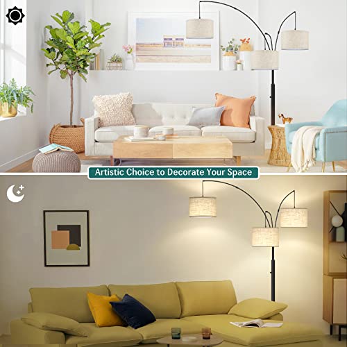 Arc Floor Lamps for Living Room, 3-Light Dimmable Tall Standing Floor Lamp with Adjustable Hanging Beige Shades, Modern Mid Century Floor Lamp with Marble Base for Bedroom Office, 3 LED Bulbs Included