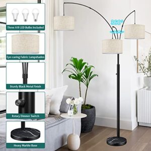 Arc Floor Lamps for Living Room, 3-Light Dimmable Tall Standing Floor Lamp with Adjustable Hanging Beige Shades, Modern Mid Century Floor Lamp with Marble Base for Bedroom Office, 3 LED Bulbs Included