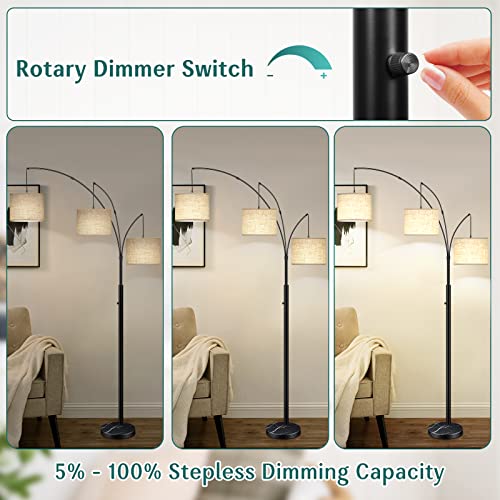 Arc Floor Lamps for Living Room, 3-Light Dimmable Tall Standing Floor Lamp with Adjustable Hanging Beige Shades, Modern Mid Century Floor Lamp with Marble Base for Bedroom Office, 3 LED Bulbs Included