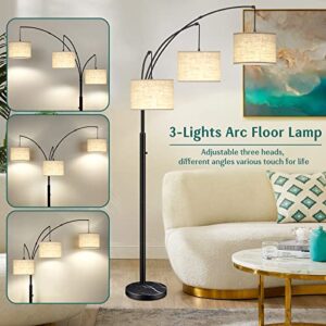 Arc Floor Lamps for Living Room, 3-Light Dimmable Tall Standing Floor Lamp with Adjustable Hanging Beige Shades, Modern Mid Century Floor Lamp with Marble Base for Bedroom Office, 3 LED Bulbs Included