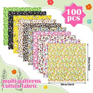 100 Pcs 8 x 8 Inches Precut Cotton Fabric Bundle Squares Patchwork Floral Fabrics Multi Color Printed Sewing Patchwork Fabric Quilting Fabric DIY Material for Sewing Crafts for Kids