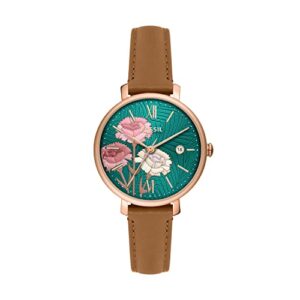 fossil women's jacqueline quartz stainless steel and leather three-hand watch, color: rose gold, brown (model: es5274)