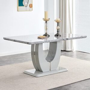 modern marble dining table for 4 6 8, kitchen dining room table with grey marble tabletop and u-shaped bracket pedestal, dinner table for dining room kitchen(grey)