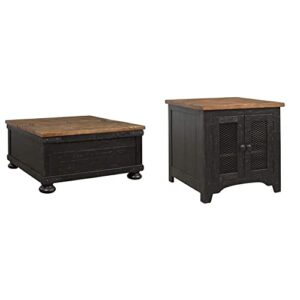 signature design by ashley valebeck farmhouse lift top coffee table, 36 in x 36 in x 18 in & valebeck farmhouse rectangular end table with storage, distressed brown & black finish