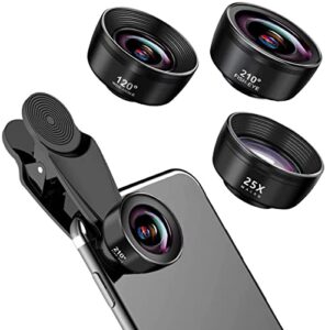 upgraded 3 in 1 phone lens kit-210° fisheye lens + macro lens + 120° wide angle lens with clip, cell phone lens, anamorphic lens, funny pictures compatible with iphone, smartphones, gifts ideal