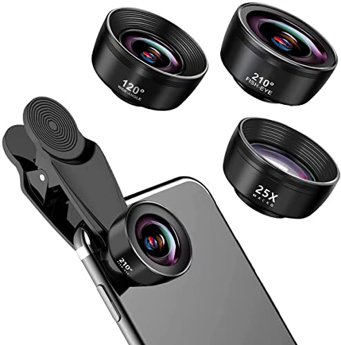 Upgraded 3 in 1 Phone Lens kit-210° Fisheye Lens + Macro Lens + 120° Wide Angle Lens with Clip, Cell Phone Lens, anamorphic Lens, Funny Pictures Compatible with iPhone, Smartphones, Gifts Ideal