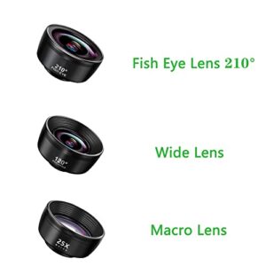 Upgraded 3 in 1 Phone Lens kit-210° Fisheye Lens + Macro Lens + 120° Wide Angle Lens with Clip, Cell Phone Lens, anamorphic Lens, Funny Pictures Compatible with iPhone, Smartphones, Gifts Ideal