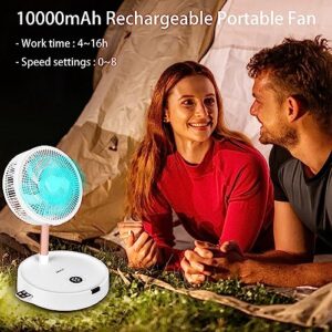 ABVOT Rechargeable Foldable Fan, 12" Portable Travel Fan, 8 Speeds & Time Settings with Remote Control, 10000mAh Desk Quiet Fan, Folded Floor Pedestal Fan for Bedroom, RV, Travel