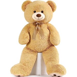 morismos giant teddy bear stuffed animal 4ft, big teddy bear plush for baby shower, life size stuffed bear gifts for kids, girls, girlfriend, women on valentine, christmas, birthday（light brown）