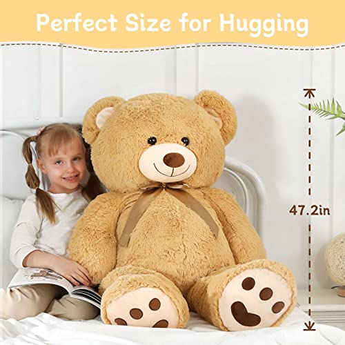 MorisMos Giant Teddy Bear Stuffed Animal 4ft, Big Teddy Bear Plush for Baby Shower, Life Size Stuffed Bear Gifts for Kids, Girls, Girlfriend, Women on Valentine, Christmas, Birthday（Light Brown）