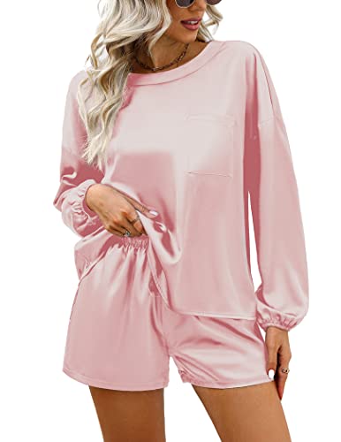 Ekouaer Womens Silk Satin Pajamas Set Long Sleeve Top Summer Soft Two Piece Pjs Silky Sleepwear Light Pink Small