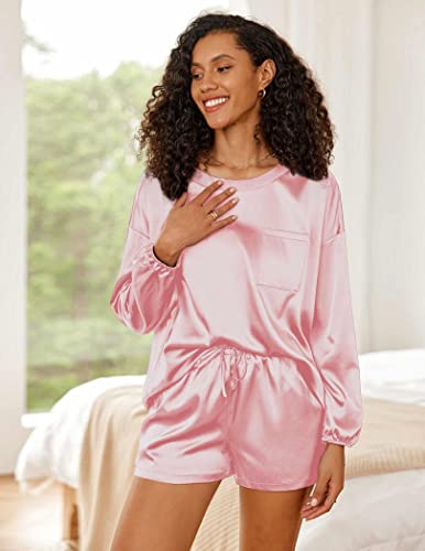 Ekouaer Womens Silk Satin Pajamas Set Long Sleeve Top Summer Soft Two Piece Pjs Silky Sleepwear Light Pink Small