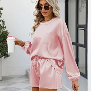 Ekouaer Womens Silk Satin Pajamas Set Long Sleeve Top Summer Soft Two Piece Pjs Silky Sleepwear Light Pink Small