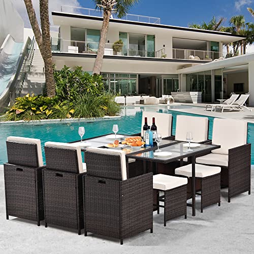 HomSof Outdoor Garden Furniture Wicker Conversation Ottomans and Glass Top Table, Brown 11 Piece Patio Dining Set