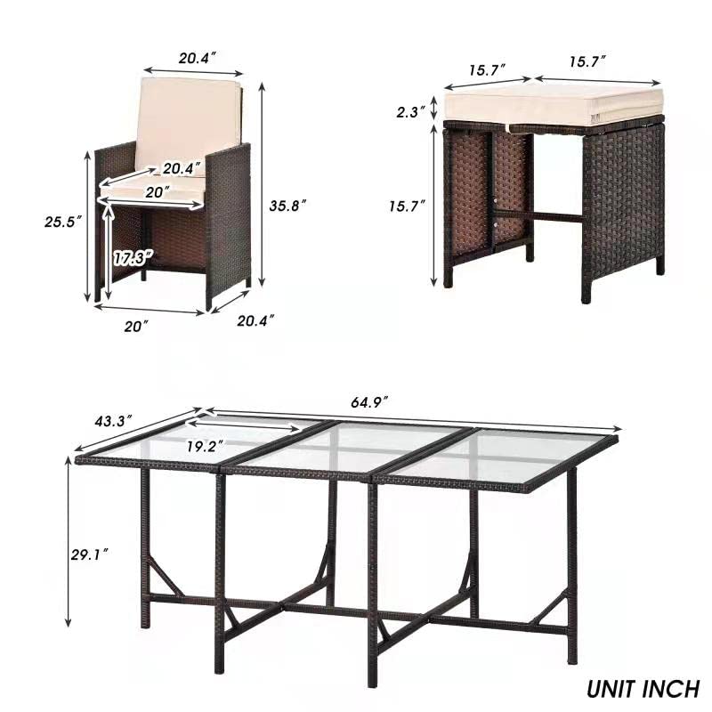 HomSof Outdoor Garden Furniture Wicker Conversation Ottomans and Glass Top Table, Brown 11 Piece Patio Dining Set