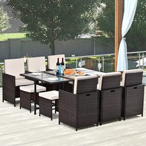 HomSof Outdoor Garden Furniture Wicker Conversation Ottomans and Glass Top Table, Brown 11 Piece Patio Dining Set