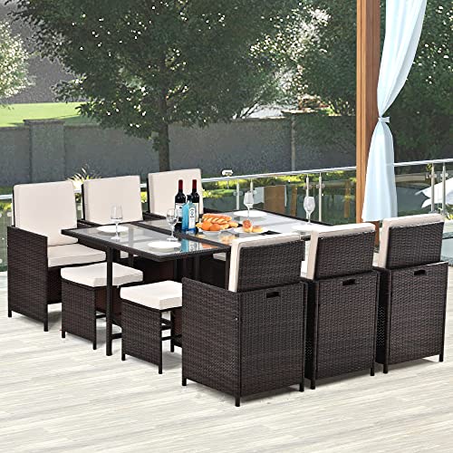 HomSof Outdoor Garden Furniture Wicker Conversation Ottomans and Glass Top Table, Brown 11 Piece Patio Dining Set