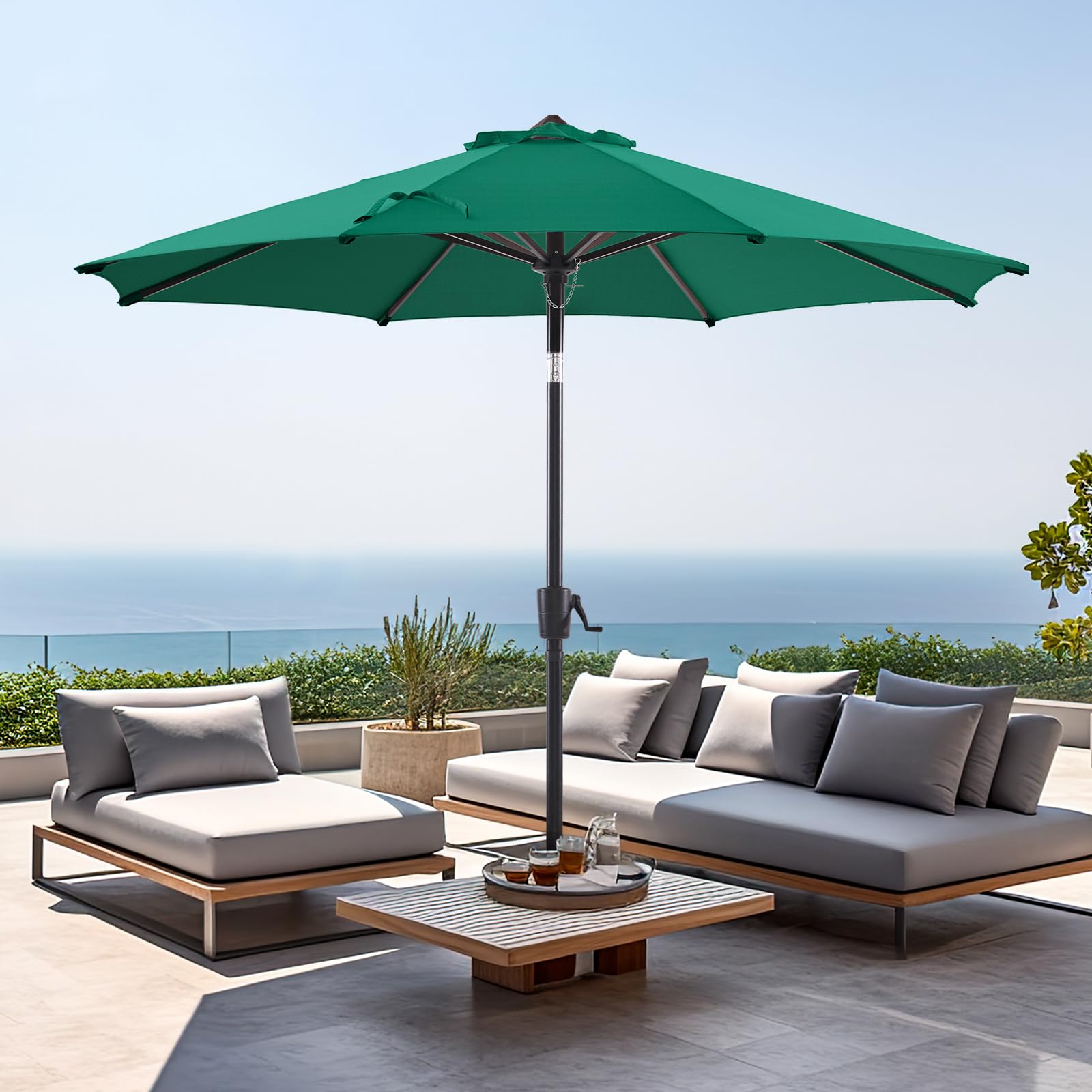 BLUU MAPLE Olefin 9 FT Patio Market Umbrella Outdoor Table Umbrellas, 3-year Nonfading Olefin Canopy, Market Center Umbrellas with 8 Strudy Ribs & Push Button Tilt for Garden, Lawn & Pool (Dark Green)