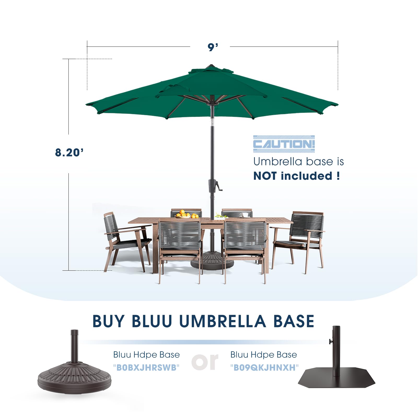 BLUU MAPLE Olefin 9 FT Patio Market Umbrella Outdoor Table Umbrellas, 3-year Nonfading Olefin Canopy, Market Center Umbrellas with 8 Strudy Ribs & Push Button Tilt for Garden, Lawn & Pool (Dark Green)