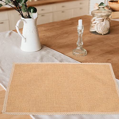 Kichvoe Dining Table Decor Lace Trim 6Pcs Burlap Placemats Lace Jute Rustic Farmhouse Table Mats for Special Occasions Parties Weddings Holidays - Brown Dining Table Decor Lace Trim