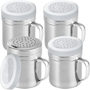 cusinium 10oz stainless steel salt pepper dredge shakers - with plastic cap - with handle - pack of 4