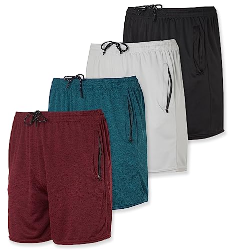 4 Pack: Mens 5 Inch Inseam Quick Dry Fit Running Shorts Zipper Pockets Drawstring Active Athletic Basketball Gym Workout Fitness Summer Training Sport Track Casual Tennis - Set 7, L