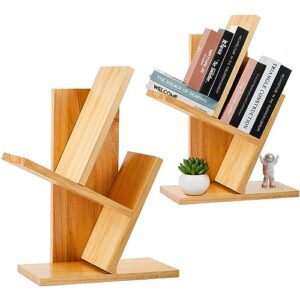 qunclay 2 sets tree bookshelf 3 tier small bookshelf for small spaces organizer shelves pine wood tabletop mini bookcase floor standing book shelf for office home school bedroom display desk