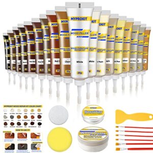 myprokit wood filler, wood furniture repair kit, wood floor scratch remover with 18 colors, wood putty and beeswax for wood stains, holes, laminate, cabinet, tables, cherry, oak, walnut - set of 31