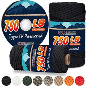 XKDOUS Paracord 750 lb 120ft Black Parachute Cord, 100% Nylon 11 Strand Inner Core Type IV Tactical Paracord Rope, Outside Survival Gear for Bracelets, Lanyards, Handle Wraps, Camping & Hiking