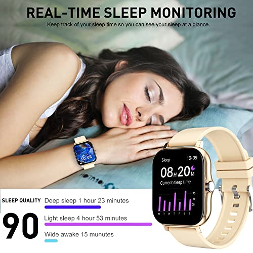 DOVIICO Smart Watch 1.69'' Full Touch Screen Fitness Smart Watch for iOS/Android Phones with Real Time Heart Rate Monitor/Blood Pressure/Oxygen Tracker with Smart Watches for Women Men(Gold)