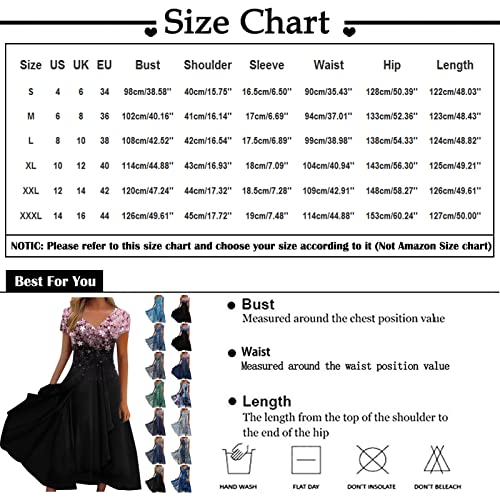 YUTANRAL Midi Dresses For Women Summer Formal Wedding Guest Casual Sexy Bridesmaid Dresses 2023 Womens Trendy Glitter Print V-Neck Short Sleeve Swing Ruffle Cocktail Prom Dresses(K Dark Blue,XX-Large)