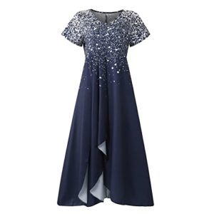 YUTANRAL Midi Dresses For Women Summer Formal Wedding Guest Casual Sexy Bridesmaid Dresses 2023 Womens Trendy Glitter Print V-Neck Short Sleeve Swing Ruffle Cocktail Prom Dresses(K Dark Blue,XX-Large)