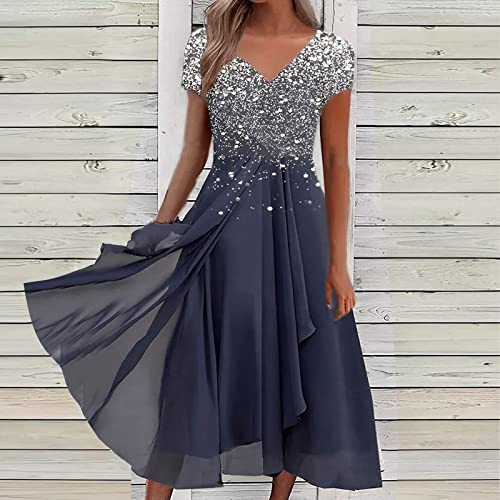 YUTANRAL Midi Dresses For Women Summer Formal Wedding Guest Casual Sexy Bridesmaid Dresses 2023 Womens Trendy Glitter Print V-Neck Short Sleeve Swing Ruffle Cocktail Prom Dresses(K Dark Blue,XX-Large)