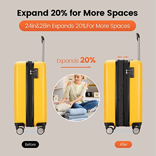 PRIMICIA GinzaTravel 3-Piece Luggage Sets Expandable Suitcases with 4 Wheels PC+ABS Durable Hardside Luggage sets TSA lock (Yellow, 3-Piece Set(20"/25"/29"))