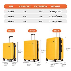 PRIMICIA GinzaTravel 3-Piece Luggage Sets Expandable Suitcases with 4 Wheels PC+ABS Durable Hardside Luggage sets TSA lock (Yellow, 3-Piece Set(20"/25"/29"))