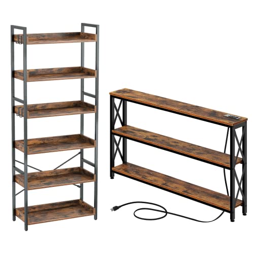 Rolanstar Bookshelf 6 Tier with 4 Hooks, Industrial Wood Bookcase, Vintage Storage Rack with Open Shelves Bundle Console Table