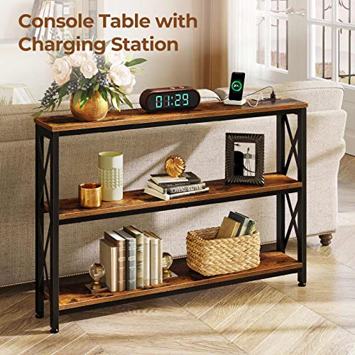 Rolanstar Bookshelf 6 Tier with 4 Hooks, Industrial Wood Bookcase, Vintage Storage Rack with Open Shelves Bundle Console Table