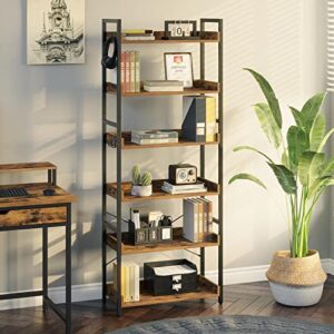 Rolanstar Bookshelf 6 Tier with 4 Hooks, Industrial Wood Bookcase, Vintage Storage Rack with Open Shelves Bundle Console Table