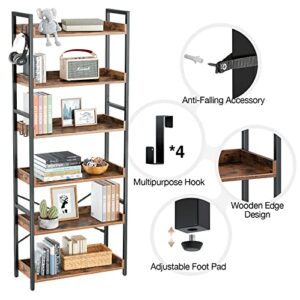 Rolanstar Bookshelf 6 Tier with 4 Hooks, Industrial Wood Bookcase, Vintage Storage Rack with Open Shelves Bundle Console Table