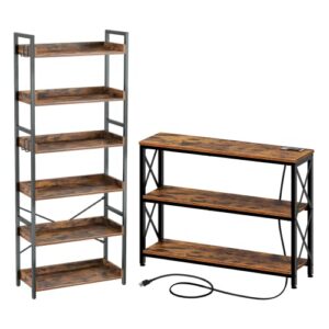 rolanstar bookshelf 6 tier with 4 hooks, industrial wood bookcase, vintage storage rack bundle narrow console table