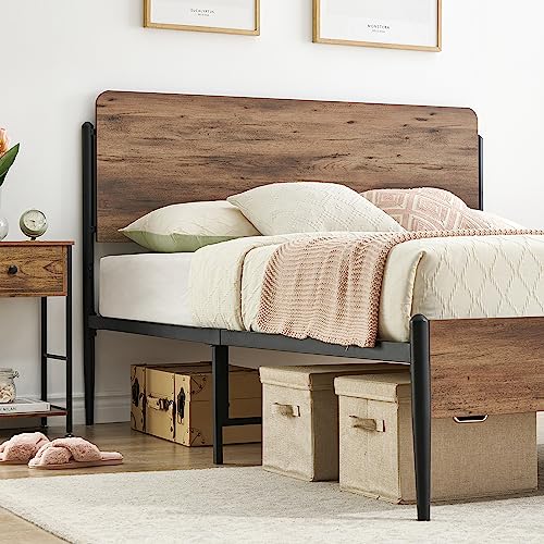 IDEALHOUSE Queen Size Bed Frame with Wooden Headboard, Platform Bed Frame with Safe Rounded Corners, Strong Metal Slats Support, Mattress Foundation, Noise-Free, No Box Spring Needed, Walnut