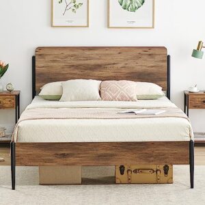idealhouse queen size bed frame with wooden headboard, platform bed frame with safe rounded corners, strong metal slats support, mattress foundation, noise-free, no box spring needed, walnut