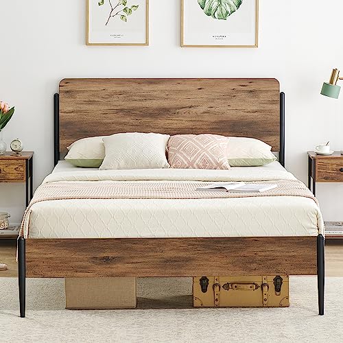 IDEALHOUSE Queen Size Bed Frame with Wooden Headboard, Platform Bed Frame with Safe Rounded Corners, Strong Metal Slats Support, Mattress Foundation, Noise-Free, No Box Spring Needed, Walnut