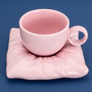 Veisky Ceramic Coffee Mug with pillow Coaster Coffee Spoons 6.7 oz/200 ml Cute Mugs Creative Coffee Milk Tea Mug Home Office Reusable Novelty Coffee Mugs for Kitchen Table Tea Milk (pink)