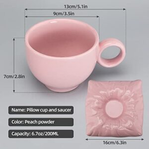 Veisky Ceramic Coffee Mug with pillow Coaster Coffee Spoons 6.7 oz/200 ml Cute Mugs Creative Coffee Milk Tea Mug Home Office Reusable Novelty Coffee Mugs for Kitchen Table Tea Milk (pink)