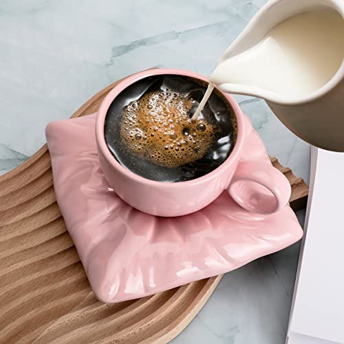 Veisky Ceramic Coffee Mug with pillow Coaster Coffee Spoons 6.7 oz/200 ml Cute Mugs Creative Coffee Milk Tea Mug Home Office Reusable Novelty Coffee Mugs for Kitchen Table Tea Milk (pink)