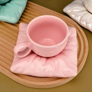 Veisky Ceramic Coffee Mug with pillow Coaster Coffee Spoons 6.7 oz/200 ml Cute Mugs Creative Coffee Milk Tea Mug Home Office Reusable Novelty Coffee Mugs for Kitchen Table Tea Milk (pink)