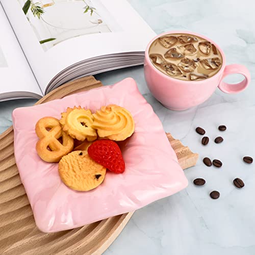 Veisky Ceramic Coffee Mug with pillow Coaster Coffee Spoons 6.7 oz/200 ml Cute Mugs Creative Coffee Milk Tea Mug Home Office Reusable Novelty Coffee Mugs for Kitchen Table Tea Milk (pink)