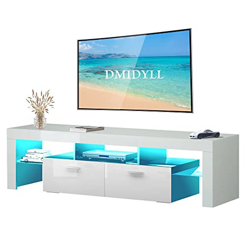 DMIDYLL Modern LED TV Stand for 50 55 65 70 75 inch TV with LED Lights and Storage Drawers, LED Entertainment Center for Living Room, Bedroom, High Gloss White TV Stand Furniture, Television Stands